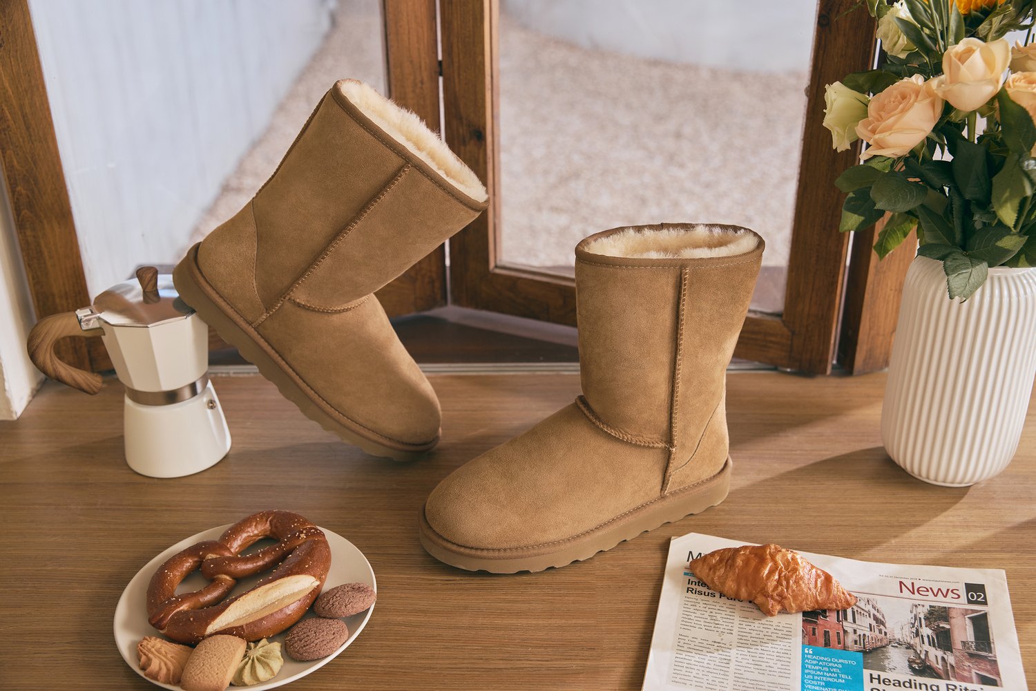 WAYSOFT sheepskin boots by a table